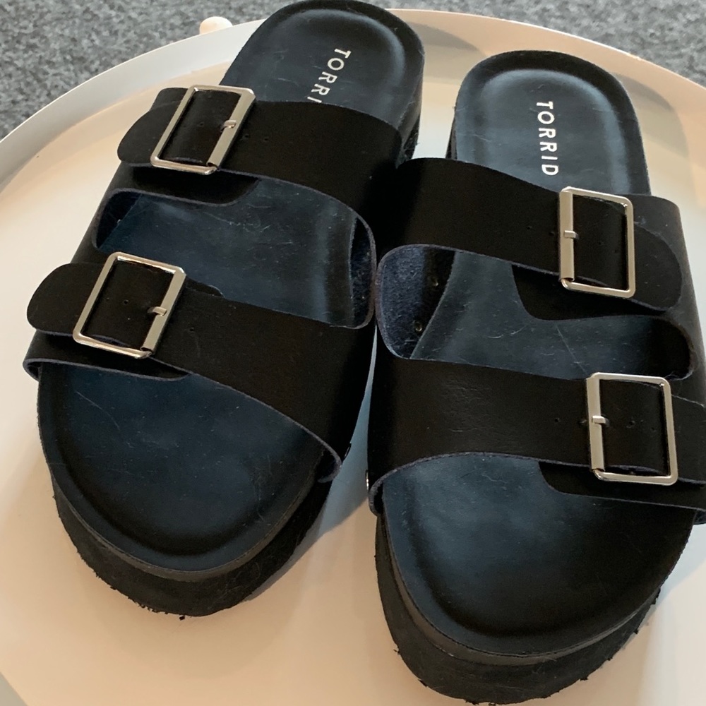 Torrid Black Faux Leather Flatform Sandal in size 10WW